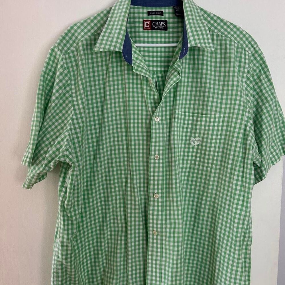 Chaps Mens Button Down Green & White Gingham Short Sleeve Size XXL